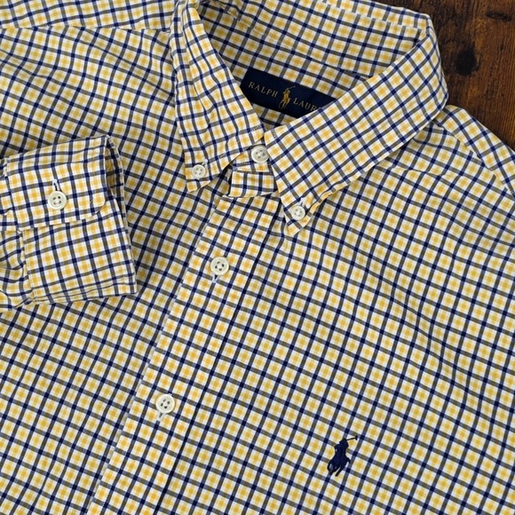 Ralph Lauren Other - Ralph Lauren‎ Gingham Button Down Shirt Mens Large Yellow Navy Blue Cotton Pony